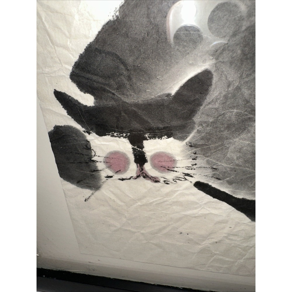 John Chen Framed Sleeping Cat Painted On Rice Paper signed Super Cute Face